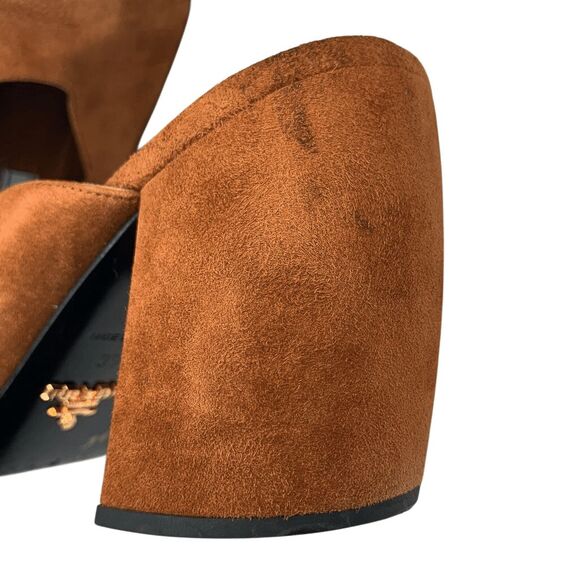 Prada Suede V-Notch Mules Size 39 Brown Pointed Toe Block Heel Slip-On Shoes - Picture 7 of 10